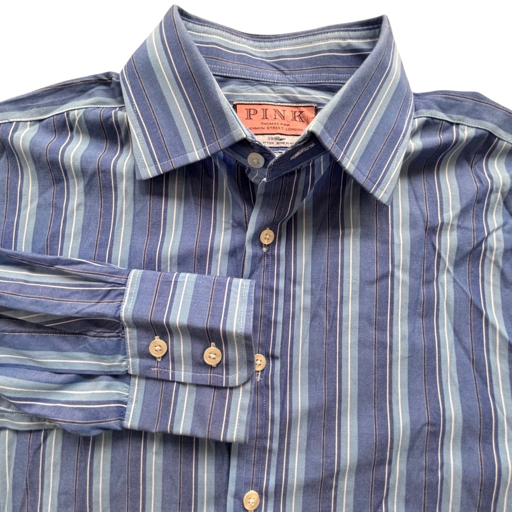 Thomas Pink Button Down Mens 15.5 Blue Striped Finest Cotton Preppy Ireland
